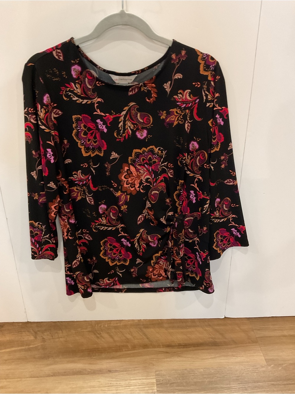 Liz Claiborne Black Floral Faux‑Wrap Top — Gold & Salmon — Size XL — EUC